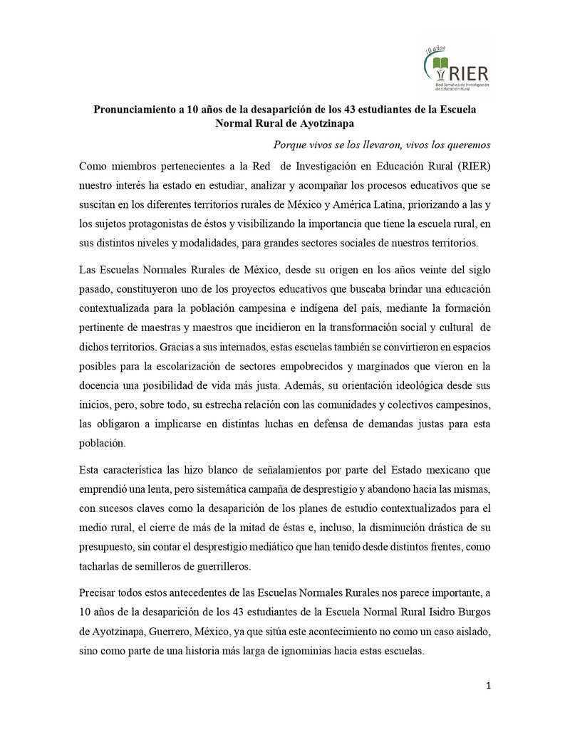 Pronunciamiento de la RIER a 10 años de la desaparición de los 43 estudiantes de la Escuela Normal Rural de Ayotzinapa