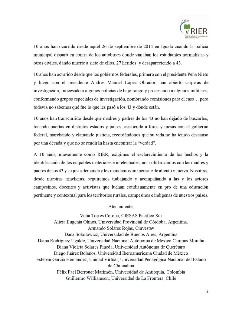 Pronunciamiento de la RIER a 10 años de la desaparición de los 43 estudiantes de la Escuela Normal Rural de Ayotzinapa